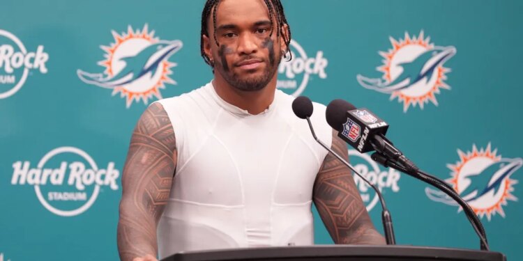 Tua Tagovailoa speaks to the media after the Dolphins-Chargers game on Oct. 12, 2025.
