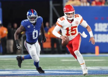 Patrick Mahomes of the Kansas City Chiefs runs out of the pocket.