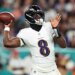
Baltimore Ravens quarterback Lamar Jackson (8) throws against the Miami Dolphins during the first half of an NFL football game, Thursday, Oct. 30, 2025, in Miami Gardens, Fla.