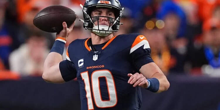Denver Broncos quarterback Bo Nix (10) throws a football.