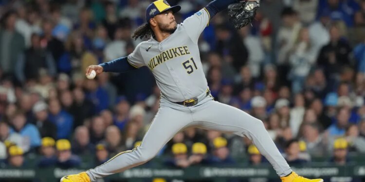 Milwaukee Brewers pitcher Freddy Peralta delivering a pitch.