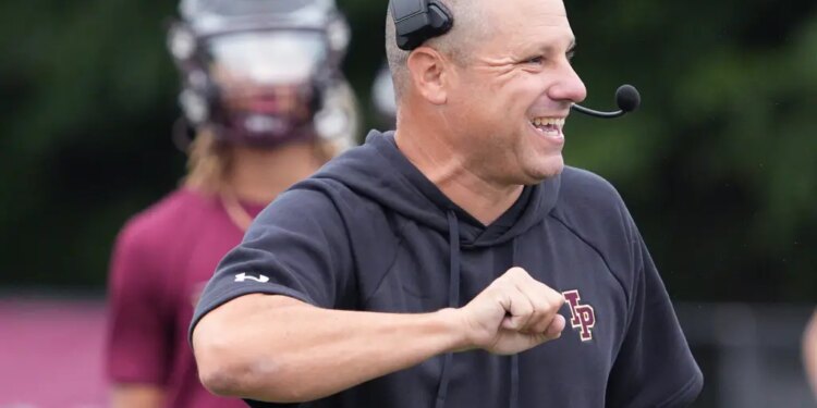Head coach Joe Spagnolo on the first day of football practice at Iona Prep Aug. 18, 2025.