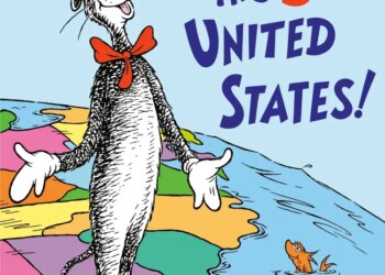 Illustration of the book cover for "Sing the 50 United States!" by Dr. Seuss, featuring the Cat in the Hat standing on a map of the US.