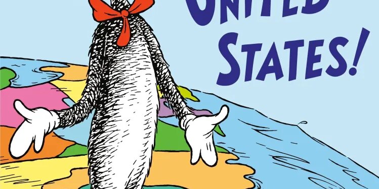 Illustration of the book cover for "Sing the 50 United States!" by Dr. Seuss, featuring the Cat in the Hat standing on a map of the US.