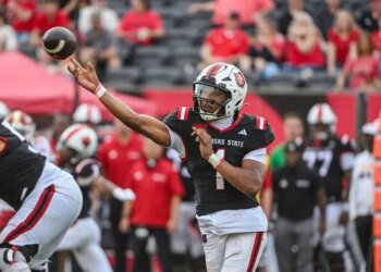 Arkansas State quarterback Jaylen Raynor (1) throws a pass.