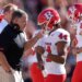 Rutgers head coach Greg Schiano talks with place kicker Jai Patel (44) after he missed a field goal.