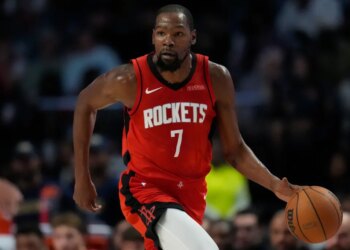 Kevin Durant of the Houston Rockets dribbling the basketball.