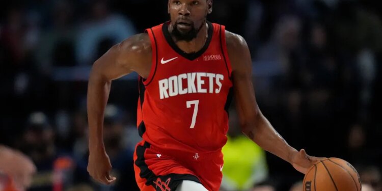 Kevin Durant of the Houston Rockets dribbling the basketball.