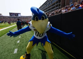 Delaware Fightin Blue Hens mascot YoUDee on the football field.