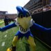 Delaware Fightin Blue Hens mascot YoUDee on the football field.