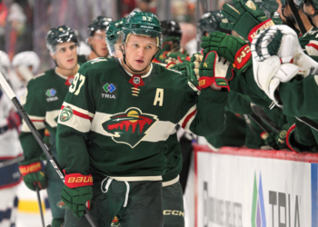 Kirill Kaprizov high-fives teammates after scoring a goal.