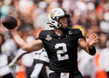 Vanderbilt quarterback Diego Pavia (2) prepares to throw a pass.