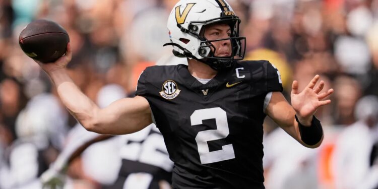 Vanderbilt quarterback Diego Pavia (2) prepares to throw a pass.
