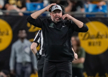 Charlotte 49ers head coach Tim Albin wearing a headset during a game.