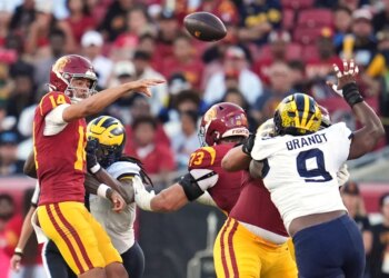 Southern California quarterback Jayden Maiava (14) throws under pressure.