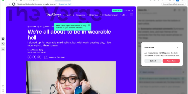 Screenshot of The Verge’s Victoria Song on Opera’s Neon browser.
