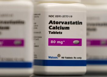 Bottle of Atorvastatin Calcium 80 mg tablets.