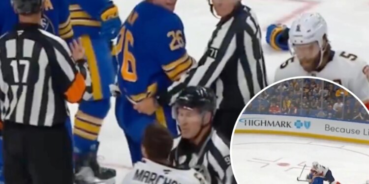 Panthers' Brad Marchand tears apart Sabres' Rasmus Dahlin's helmet