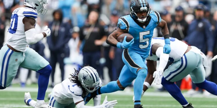 Carolina Panthers running back Rico Dowdle (5) runs with the ball during the second half against the Dallas Cowboys at Bank of America Stadium.