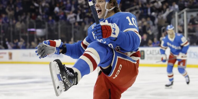 Artemi Panarin celebrates after scoring a goal during the Rangers' loss to the Wild on Oct. 20, 2025.