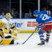 New York Rangers left wing Will Cuylle (50) pressures Pittsburgh Penguins goaltender Arturs Silovs (37) in the first period.