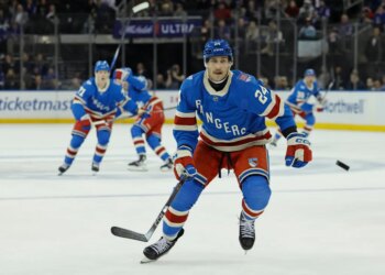 Carson Soucy chases the puck in the second period at Madison Square Garden in New York