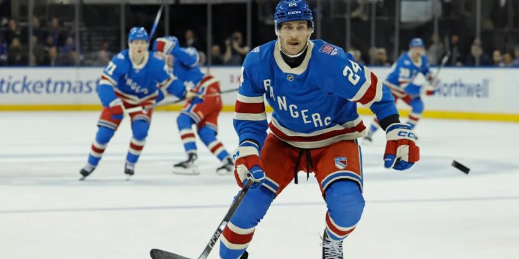 Carson Soucy chases the puck in the second period at Madison Square Garden in New York