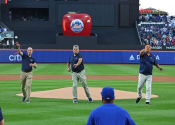 Mets announcers Gary Cohen, Keith Hernandez, and Ron Darling throwing out the ceremonial first pitches.