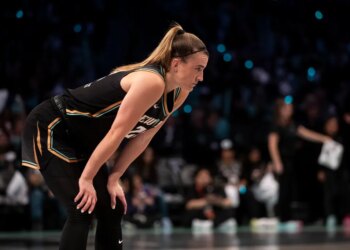 Sabrina Ionescu #20 of the New York Liberty looks out during round 1 game 2 of the 2025 WNBA Playoffs against the Phoenix Mercury at Barclays Center.