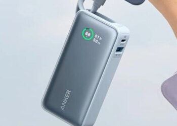 Anker's Nano Power Bank (10K, 2-Ports, Built-in USB-C cable) being held.