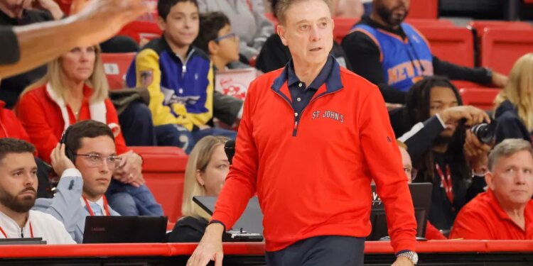 Rick Pitino of the St. John's Red Storm reacts on the sideline during a game against the Towson Tigers.