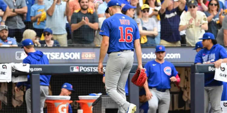 Chicago Cubs pitcher Matthew Boyd walks off the field during a game against the Milwaukee Brewers.