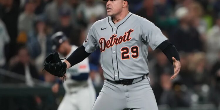 Detroit Tigers pitcher Tarik Skubal reacts after striking out Seattle Mariners' Cal Raleigh during the sixth inning in Game 5 of baseball's American League Division Series Friday, Oct. 10, 2025.