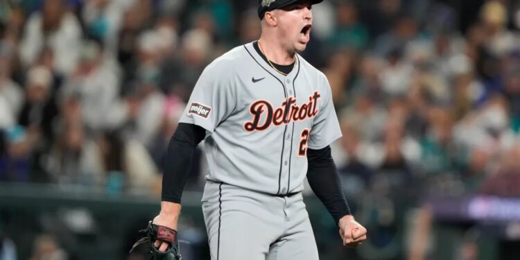 Detroit Tigers pitcher Tarik Skubal yells after striking out a Seattle Mariners batter.