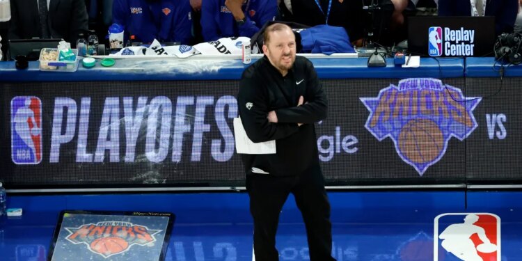 New York Knicks head coach Tom Thibodeau reacts during the second quarter.