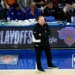 New York Knicks head coach Tom Thibodeau reacts during the second quarter.