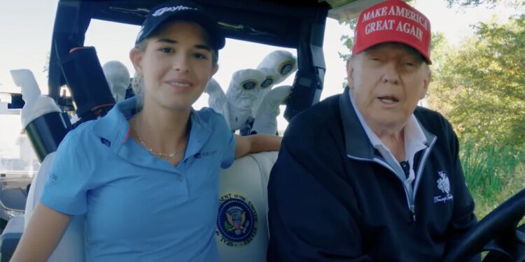 Kai Trump and her grandfather, President Donald Trump playing golf at his course, Trump International, in Washington DC.