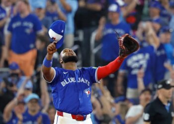 Vladimir Guerrero Jr. of the Toronto Blue Jays reacts after the final out of the 9th inning.