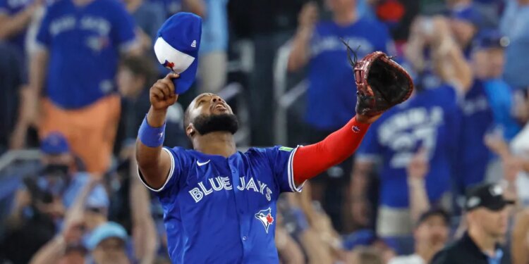 Vladimir Guerrero Jr. of the Toronto Blue Jays reacts after the final out of the 9th inning.