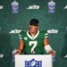 Justin Fields speaks to the media after the Jets-Broncos game on Oct. 12, 2025.
