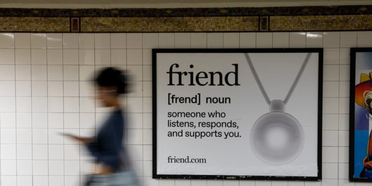 Photo of Friend ad in new york city subway as a blurred person walks past it.