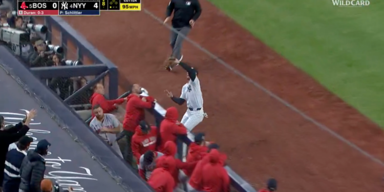 Ryan McMahon flipped into the Red Sox dugout to snag Jarren Duran's foul pop fly.