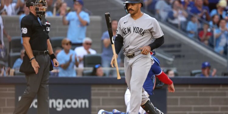 Trent Grisham reacts after striking out during the Yankees-Blue Jays game on Oct. 5, 2025.
