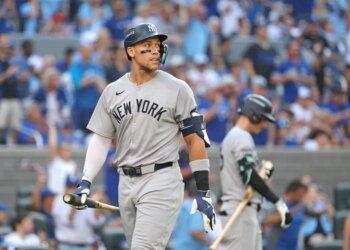 Aaron Judge of the New York Yankees reacts after striking out swinging.