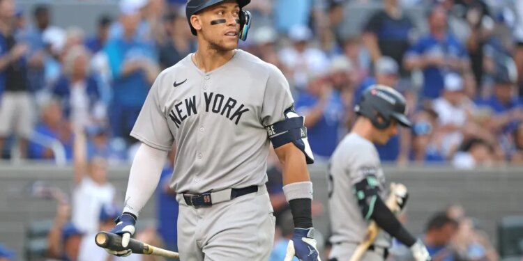 Aaron Judge of the New York Yankees reacts after striking out swinging.