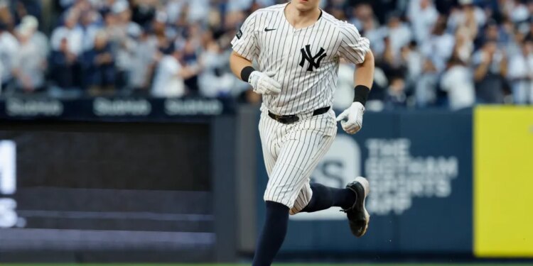 Ben Rice homered in Game 2 of the wild-card series against the Red Sox on Oct. 2, 2025.