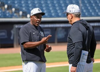 Yankees hitting coach James Rowson (l.) will speak with the Twins about their manager vacancy.