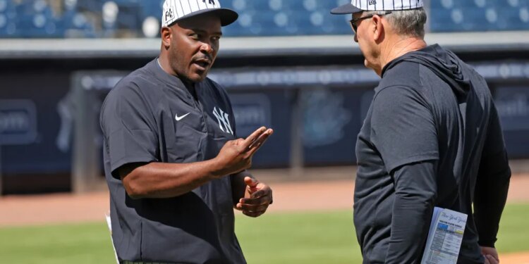 Yankees hitting coach James Rowson (l.) will speak with the Twins about their manager vacancy.