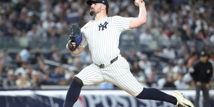 Carlos Rodon pitches during the Yankees-Red Sox game on Oct. 1, 2025.