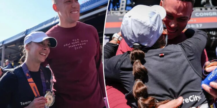 Aaron Judge hugs wife Samantha after 2025 NYC Marathon